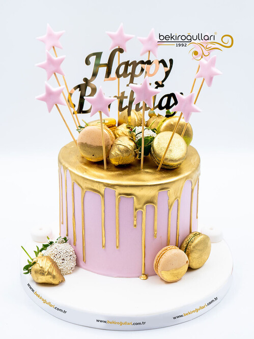 Altın Varak Detaylı Konsept Pembe Pasta
