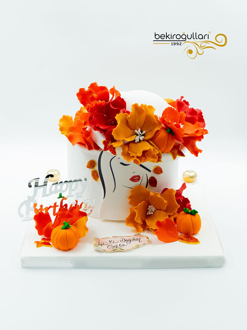 Sonbahar Yaprakları ve Kadın Silüet Konsept Pasta