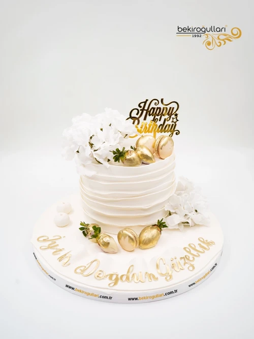 Beyaz Çiçek Gold Butik Pasta